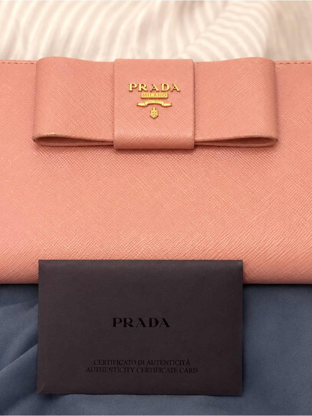 Prada Pink Saffiano Leather Bow zip around wallet with Gold Logo
